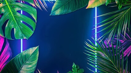 Poster - Vibrant tropical leaves 3d frame neon creating a lush border around a glowing neon square on a deep blue background, abstract video 4k