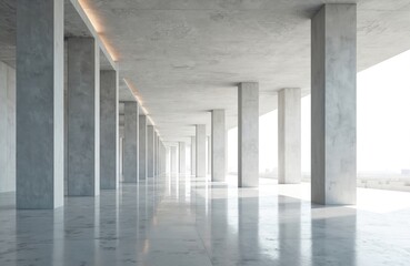 Poster - Modern concrete hall with massive columns, huge windows. Light and shadow play. Empty space, perfect for architecture, interior design projects. Ideal for background or presentation.