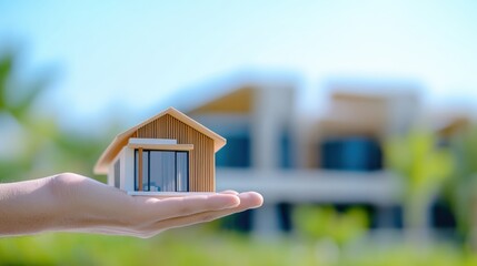 A miniature house is held in a hand, showcasing a blend of architecture with a soft-focus background of a larger building and lush greenery, sustainable living lifestyle.