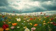 © vefimov - A field of flowers with a cloudy sky in the background. The flowers are of various colors and are scattered throughout the field. Scene is peaceful and serene, as the flowers seem to be in full bloom