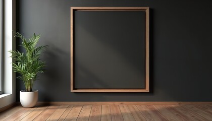 Aufkleber - Blank canvas in wooden frame on dark wall with green plant. Minimalist interior design, wooden floor. Empty picture template. Shadow from window. Modern design for home decor, art gallery.