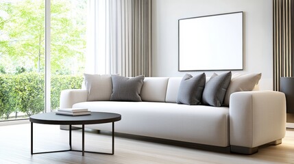 Poster - A modern living room featuring a stylish white sofa, decorative pillows, and a round coffee table, with large windows letting in natural light and greenery outside, sustainable living lifestyle.
