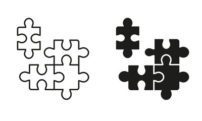 Poster - Puzzle Pieces, Teamwork, Logic Game, Idea Line and Silhouette Icon Set. Jigsaw Square Matches Pictogram. Solution, Combination, Challenge Sign. Editable Stroke. Isolated Vector Illustration