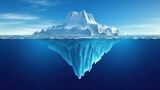 A surreal iceberg floating in a deep blue ocean, surrounded by drifting ice