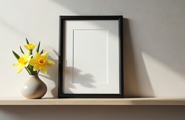 Aufkleber - Black portrait frame mockup with daffodils flowers on shelf. Blank white space for artwork, poster, quote, picture or photo presentation. Vertical design, home decor interior.