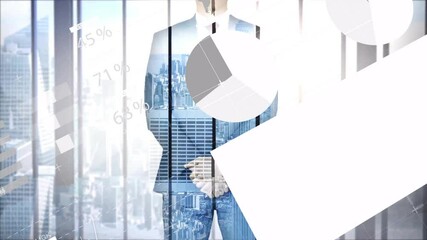 Poster - Animation of geometric shapes overlaying skyscrapers and world map in cityscape