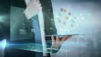 Poster - Using tablet, business professional viewing animation with digital data overlay