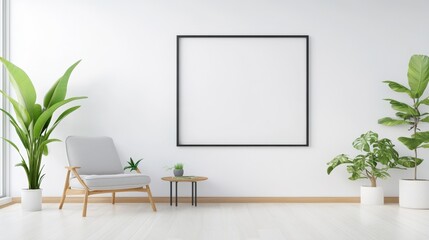 Poster - A minimalist living space featuring a light chair, small table, and vibrant greenery, highlighted by a large blank wall for decoration, sustainable living lifestyle.