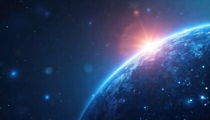 Aufkleber - Glowing planet in space with bright sun. Digital tech illustration with blue tones, cosmos, galaxy, stars. Futuristic wallpaper, modern design, science, technology, abstract background.