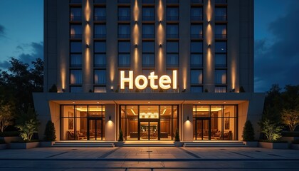 Poster - Luxury hotel exterior front view at night. Glowing illuminated Hotel text sign. Glass facade architecture, urban exterior view, nobody. Tourism resort place, travel destination.
