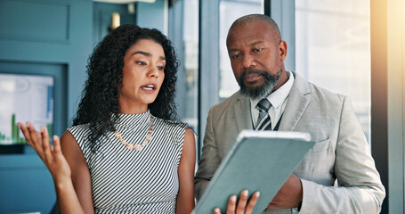 Poster - Business, people and talk on tablet in office of teamwork, budget plan and financial report. Staff, discussion and digital with research, schedule update and investment feedback of negotiation advice