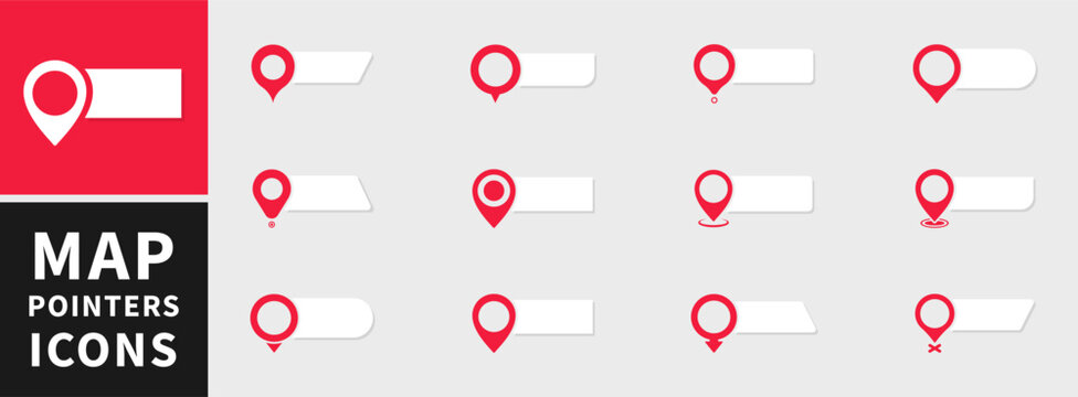 Map pointers icon set. Location icons or geolocations. Vector design element set. Pointer icon pin on the map with space for text. Vector illustration
