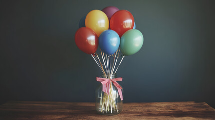 Poster - Colorful balloons in a jar on a wooden surface