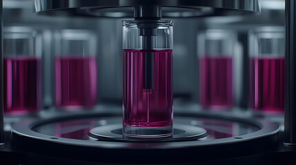 Poster - Laboratory setup with glass containers and purple liquid samples