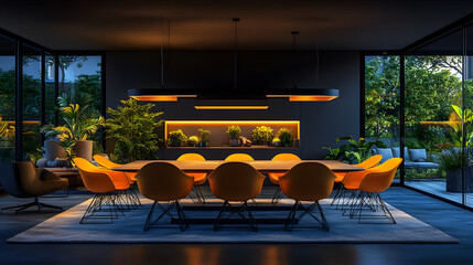 Poster - Modern dining room with vibrant orange chairs and natural light