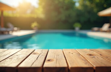 Aufkleber - Wooden table with blurred pool, water background. Summer outdoor product showcase mockup. Empty space for product placement, design. Vacation, holiday, travel resort concept with green trees.