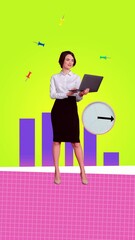 Aufkleber - Motion trend art collage video of happy businesswoman hold laptop deadline clock