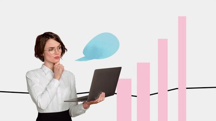 Aufkleber - Motion art collage video of businesswoman hold laptop bubble speech brainstorm