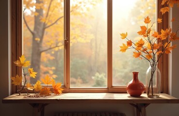 Poster - Autumnal window scene with wooden table showcasing fall foliage, maple leaves in vase, cozy room interior. Warm sunlight, creates home atmosphere for product presentation, marketing, advertising.