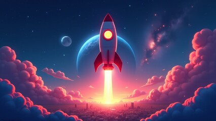 Wall Mural - Rocket Launching Into Space, City View