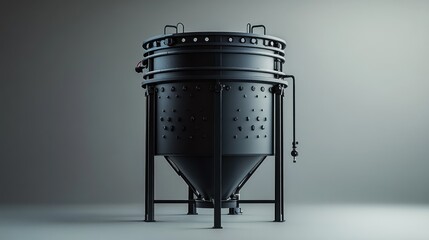 Poster - Large industrial black conical tank on metal legs with pipes and sensors.