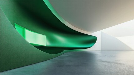 Wall Mural - A deep, curved niche display integrated into a vibrant emerald green wall, casting soft dynamic shadows. The polished gray cement floor reflects ambient lighting.