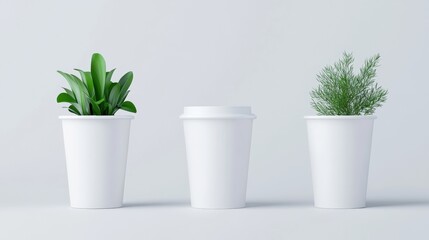 Poster - Three white containers: two with plants and one empty, showcasing a blend of nature and minimalism in a clean aesthetic, sustainable living lifestyle.