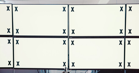 Poster - Computer screens, office and mockup space for security, safety or CCTV footage on monitor. Protection service, tracking markers and blank desktop with surveillance inspection in control room.