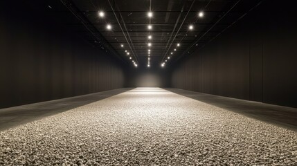 Poster - Long, dark gallery with a floor covered in small, light-grey pebbles.