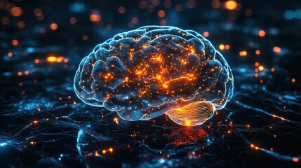 Leinwandbilder - Glowing brain with neural connections on dark background