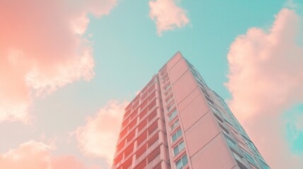 Poster - Low angle view of a tall residential building against a pastel sky with fluffy clouds at sunset.