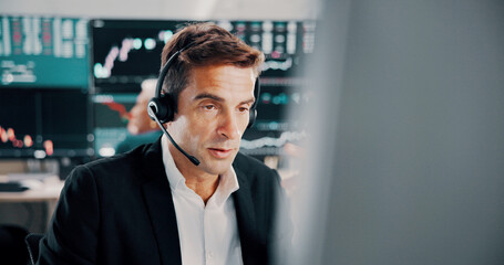 Aufkleber - trading call center, man or headset by computer for customer service, investment advice and market i