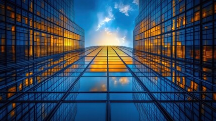 Poster - Low angle view of modern glass skyscrapers reflecting sunset.