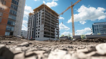 Aufkleber - Low-angle view of a modern apartment building under construction, with a crane and other construction equipment visible.  The foreground shows the uneven ground of the construction site.