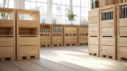 Poster - A bright interior showcasing wooden storage crates arranged neatly, with sunlight streaming through large windows, creating a warm and inviting atmosphere, sustainable living lifestyle.