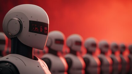 Poster - A futuristic scene featuring a lineup of humanoid robots with digital displays, set against a dramatic red background.