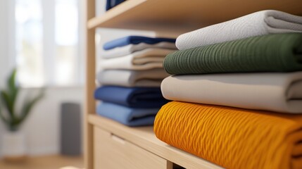 Poster - Neatly stacked colorful towels on a wooden shelf, creating an organized and inviting atmosphere in a bright room, sustainable living lifestyle.