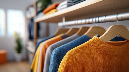 Poster - A cozy display of colorful sweaters hanging neatly on wooden hangers, showcasing a warm and inviting clothing collection in a well-lit room, sustainable living lifestyle.