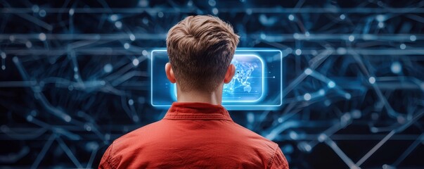 Poster - A person observes a digital interface displaying complex visuals, surrounded by a network of interconnected lines, suggesting technology and data interaction.