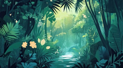 Poster - Lush green jungle scene with a calm stream flowing through it, surrounded by vibrant tropical foliage and flowers.