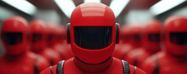 Poster - The image features a group of identical red-suited figures with helmets, creating a striking visual of uniformity and anonymity.