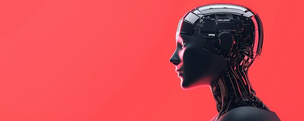 Poster - A sleek, futuristic robotic head against a vibrant red background, showcasing advanced technology and design in artificial intelligence.