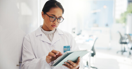 Poster - Researcher, science and woman in lab, tablet and scroll with results for experiment. Person, scientist and employee in workplace, biotech or app with medical test, research or expert with chemistry