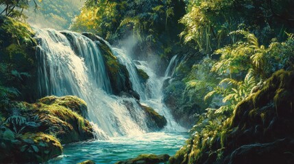 Poster - Lush rainforest waterfall cascading into a tranquil pool.