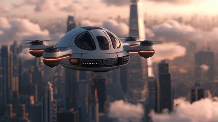 Poster - A futuristic drone hovers over a cityscape, surrounded by clouds, showcasing advanced technology and urban innovation.