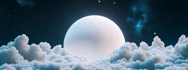 white clouds and stars form an arch around the moon, set against a dark blue background. a large whi