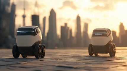 Poster - Two futuristic delivery robots are positioned against a city skyline, showcasing innovation and technology in urban environments.