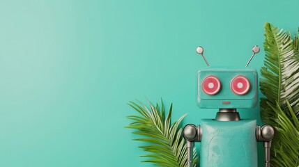 Poster - A playful robot with red eyes stands amidst vibrant green palm leaves against a bright turquoise background.