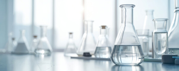 Poster - Glassware in medical science lab, clear flask filled with water. Beaker, bottles, and test tubes on table. Science, medicine, chemistry, biotechnology research concept.