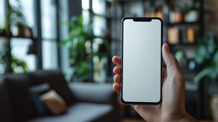 Man's hand holds smartphone with blank white screen, close-up against blurred background for mobile app or website mockup.